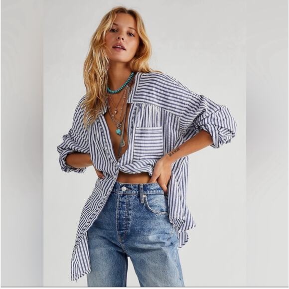 Free People One of the Boys Striped Shirt Yellow Blue long sleeve Boho Size M - Picture 1 of 10